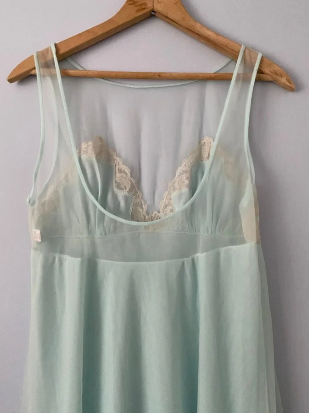 Vintage Evette Nightgown, Pale Aqua with Lace Trim, Size Small, Made in USA